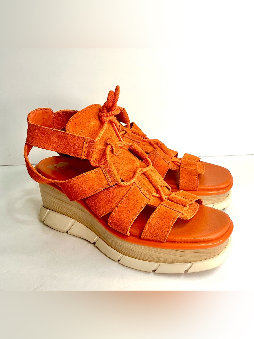 Sorel Women's Joanie III Lace-Up Wedge Sandals in Desert Sun Orange suede 8.5